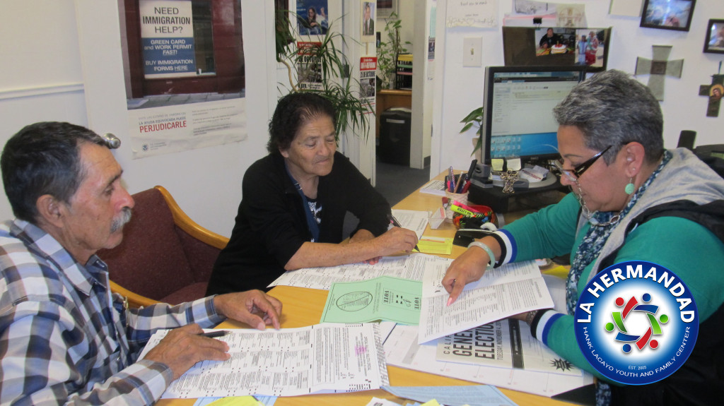 La Hermandad provides many services to the community. Mr. & Mrs. Yepez come to our office on a regular basis, to receive information on voting as well as receiving other information that they do not understand. Ms. Flores takes the time to read and explain every question and option on the voting sheet.